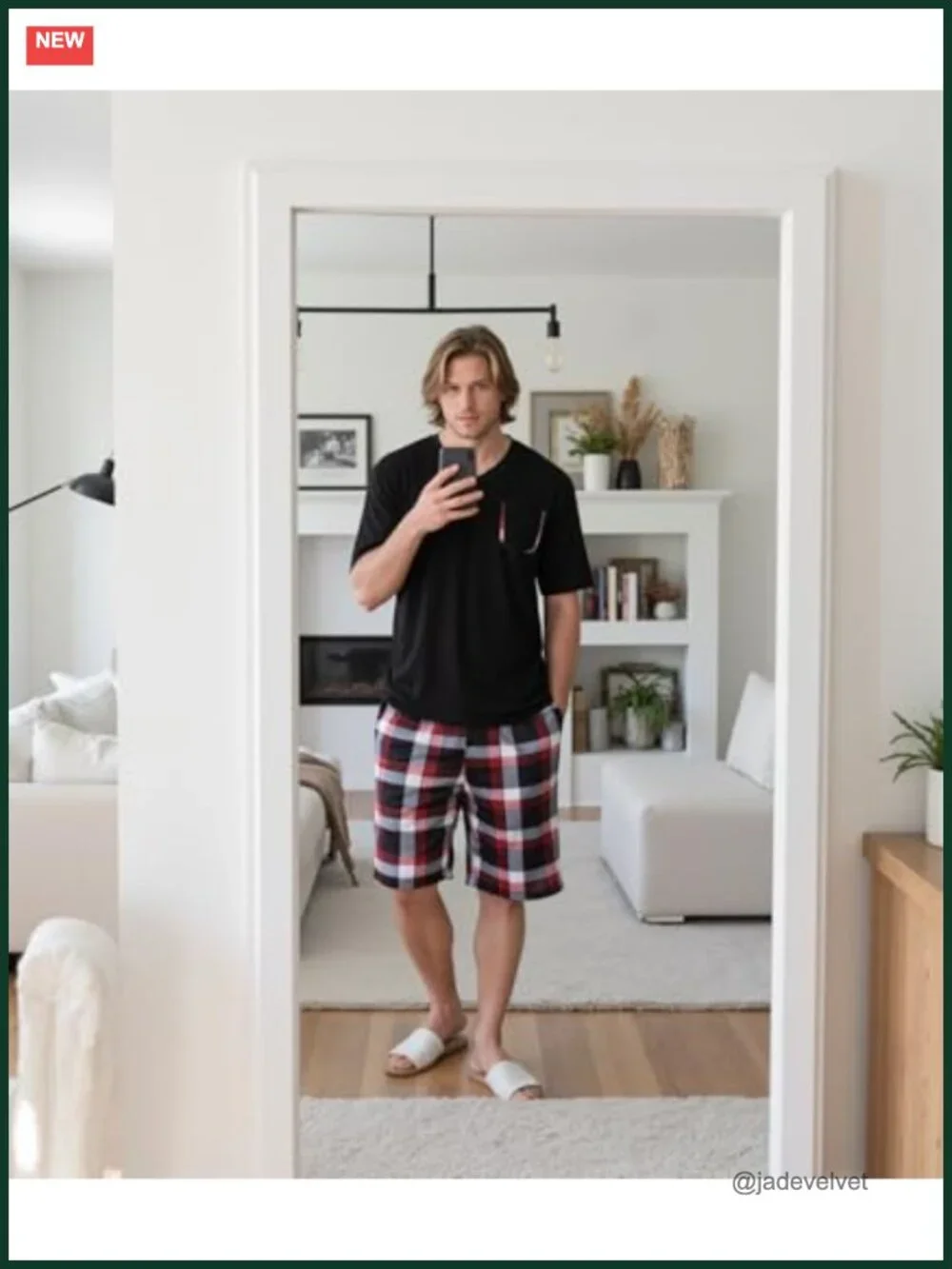Men's 2 Piece Cotton Pajama Set with Short Sleeve Top & Plaid Shorts